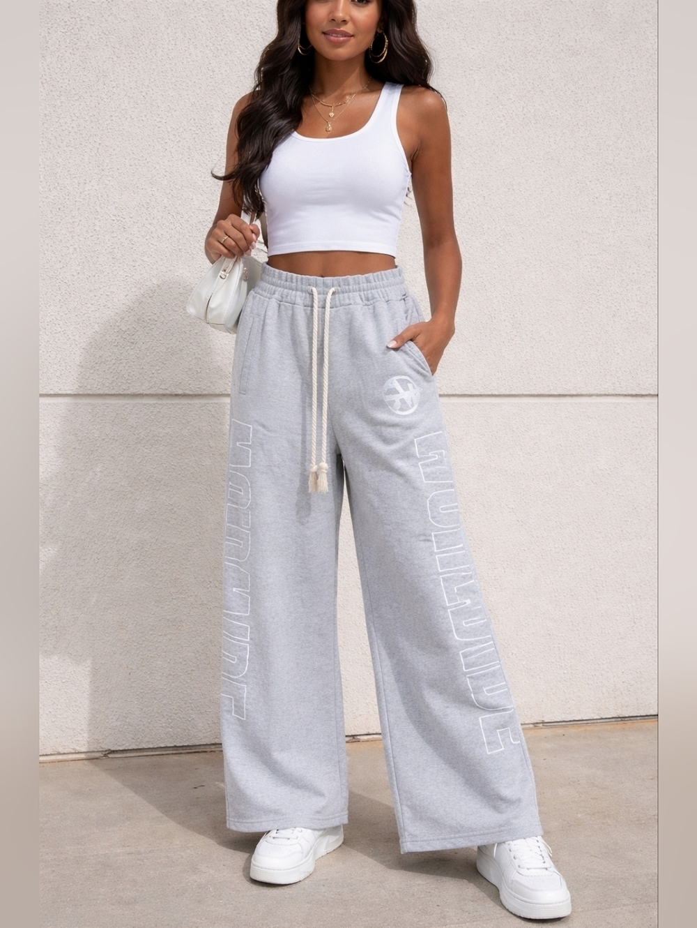 GW Worldwide Sweatpants Gray Wide Leg Rope Drawstring Logo Graphic Lounge XL.